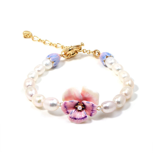 Enamel Pansy Pearl Bracelet