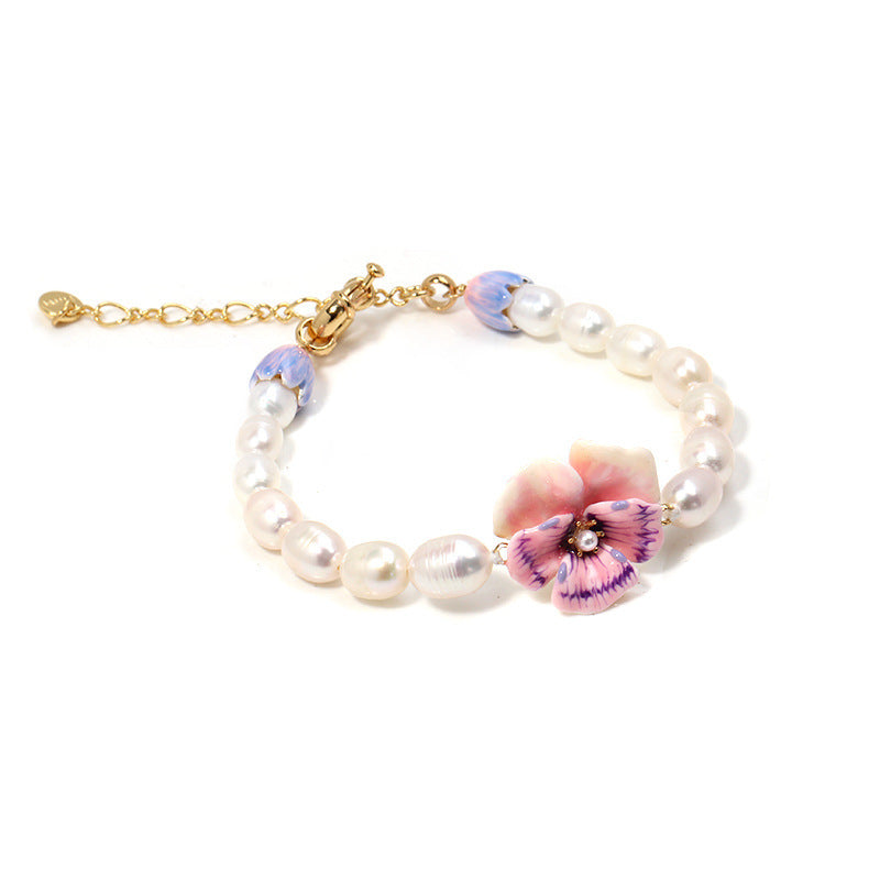 Enamel Pansy Pearl Bracelet