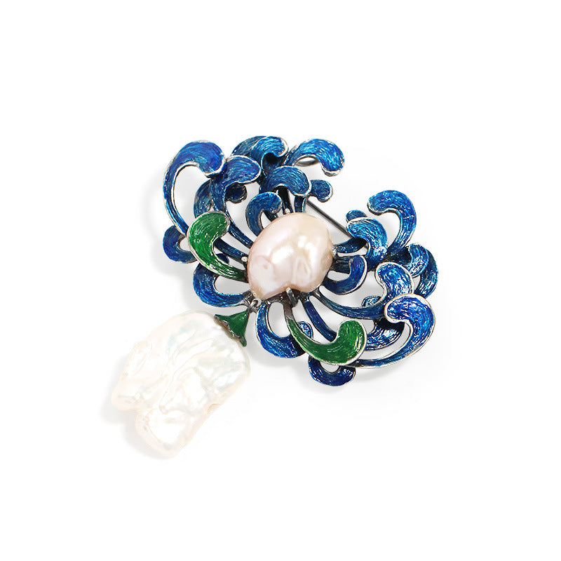 Blue Flower Pearl Brooch