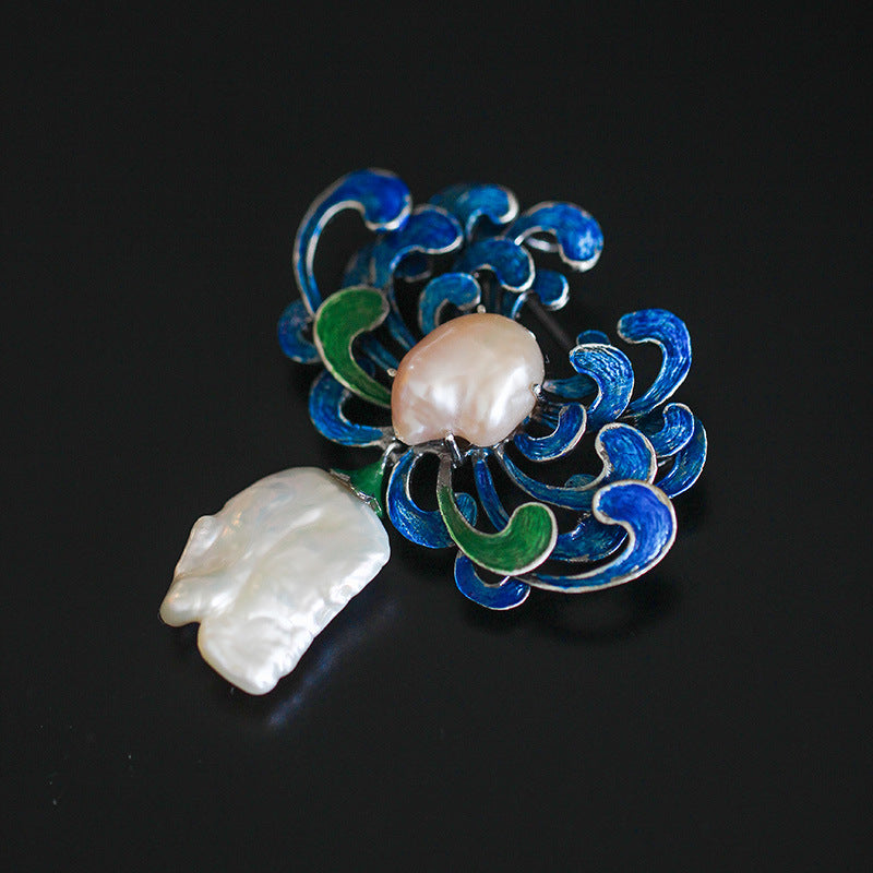 Blue Flower Pearl Brooch