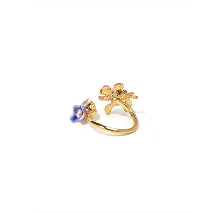 Pansies Carnation, Violet and Faceted Crystal Adjustable Ring