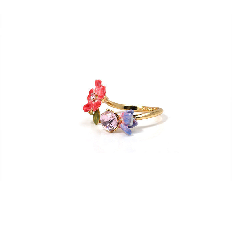 Pansies Carnation, Violet and Faceted Crystal Adjustable Ring