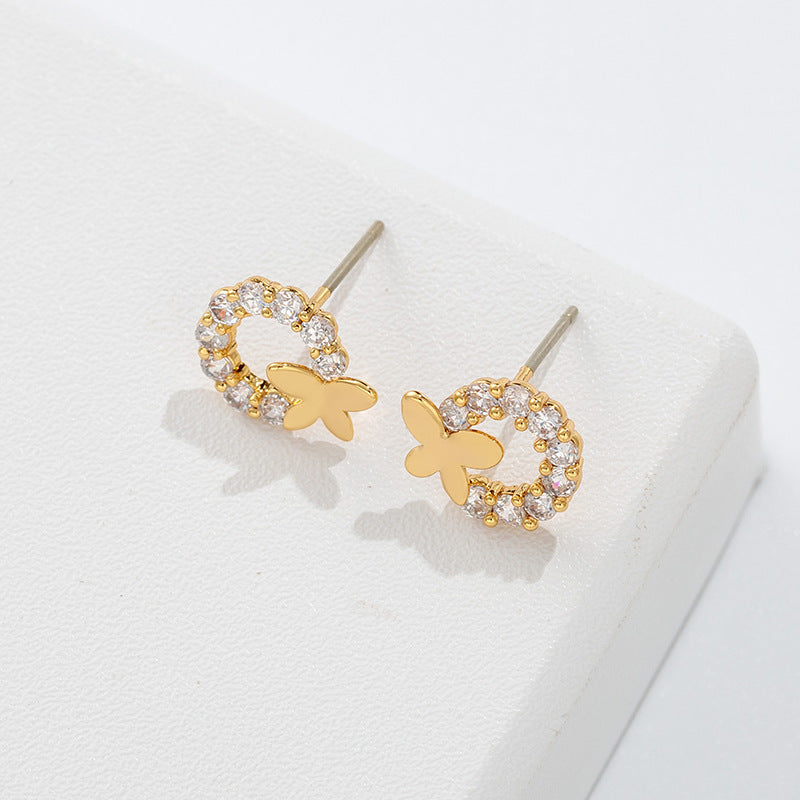 14k Gold & Diamond Double Butterfly Stud Earrings